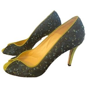 Butter green suede blue fabric peep toe heels Size 8